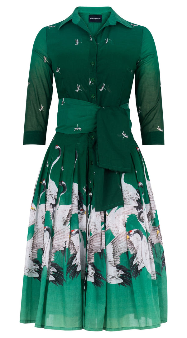 Audrey Dress #4 Shirt Collar 3/4 Sleeve Long Length Cotton Musola (White Crane Ombre)