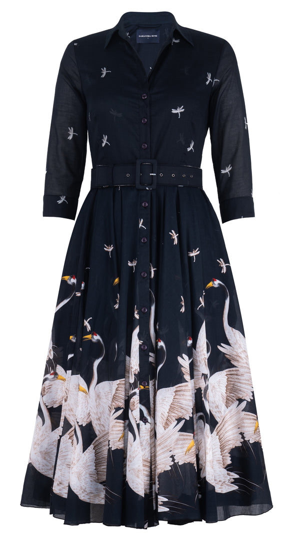 Aster Dress Shirt Collar 3/4 Sleeve Midi Length Musola (White Crane Ombre) @2