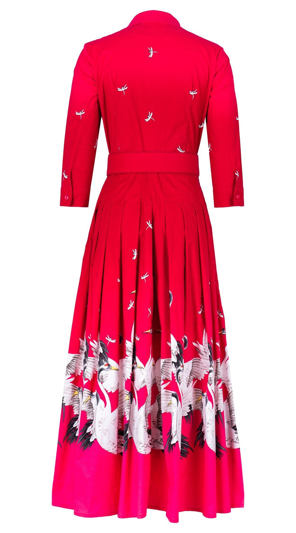 Audrey Dress #4 Shirt Collar 3/4 Sleeve Maximum Length Cotton Stretch (White Crane Ombre)