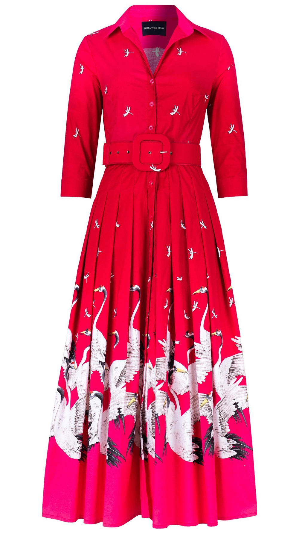 Audrey Dress #4 Shirt Collar 3/4 Sleeve Maximum Length Cotton Stretch (White Crane Ombre)