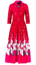 Audrey Dress #4 Shirt Collar 3/4 Sleeve Maximum Length Cotton Stretch (White Crane Ombre)