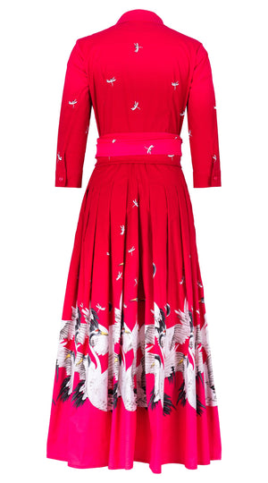 Audrey Dress #4 Shirt Collar 3/4 Sleeve Maximum Length Cotton Stretch (White Crane Ombre)