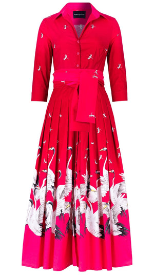 Audrey Dress #4 Shirt Collar 3/4 Sleeve Maximum Length Cotton Stretch (White Crane Ombre)