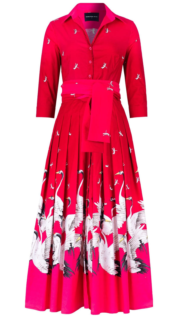 Audrey Dress #4 Shirt Collar 3/4 Sleeve Maximum Length Cotton Stretch (White Crane Ombre)