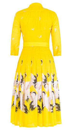 Audrey Dress #4 Shirt Collar 3/4 Sleeve Midi Length Cotton Musola (White Crane Ombre)