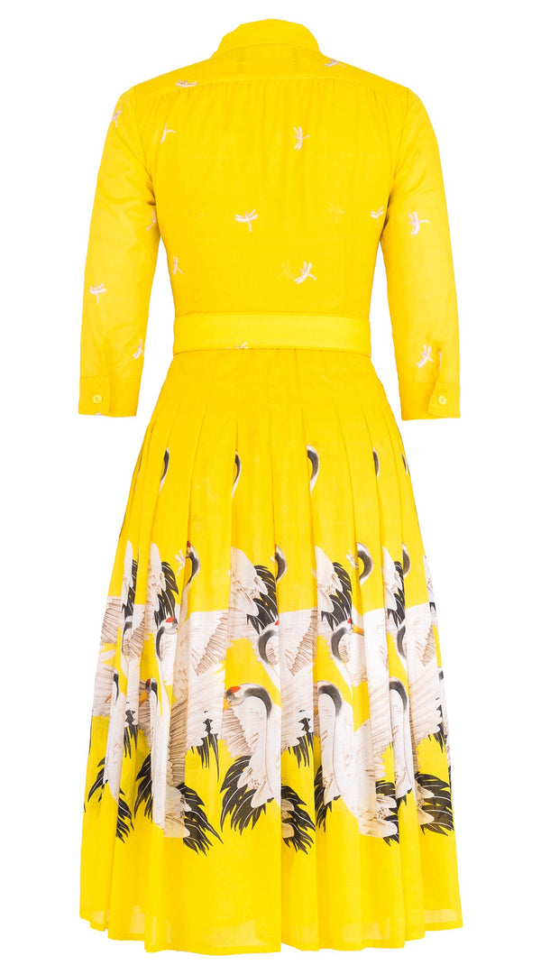 Audrey Dress #4 Shirt Collar 3/4 Sleeve Midi Length Cotton Musola (White Crane Ombre)