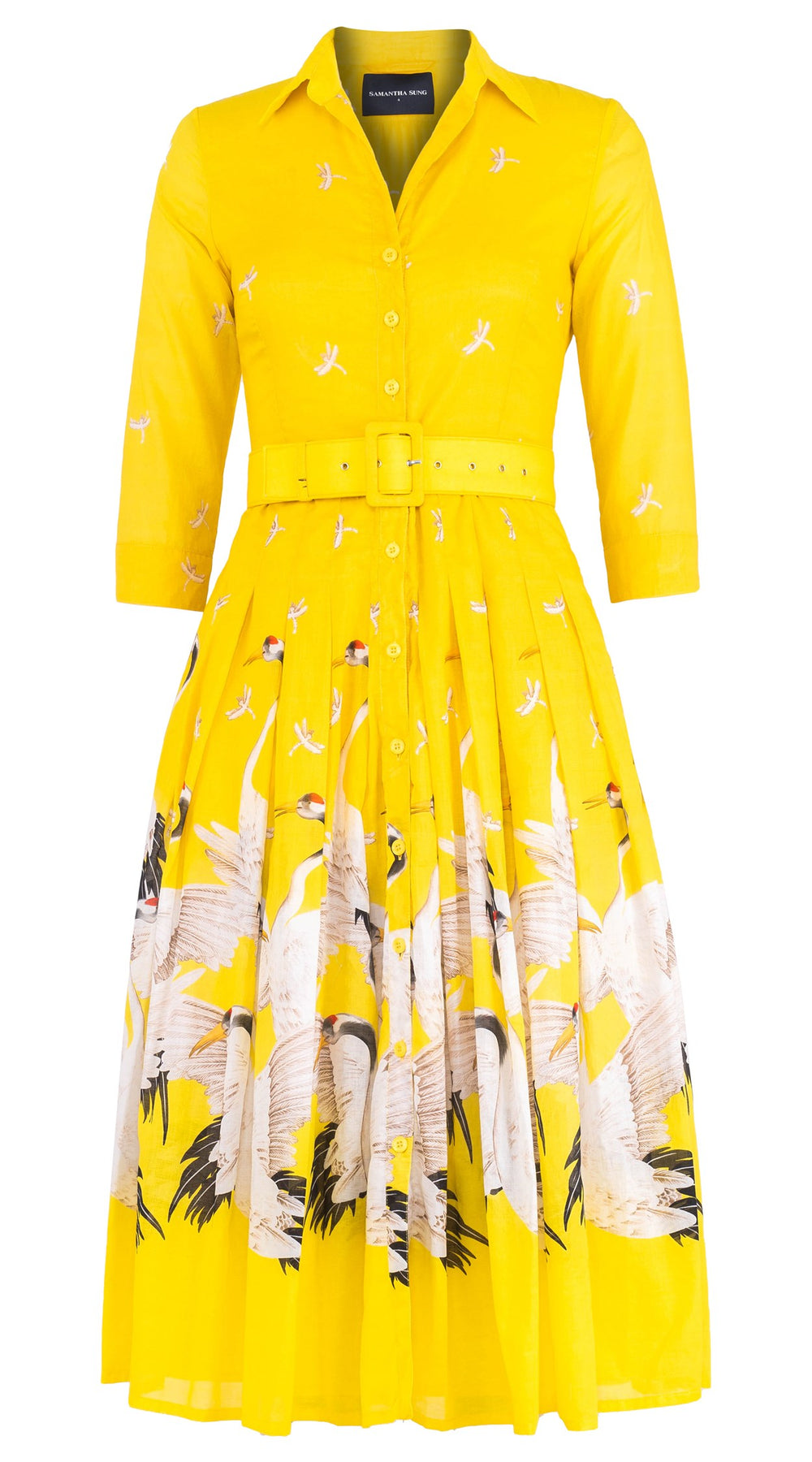 Audrey Dress #4 Shirt Collar 3/4 Sleeve Midi Length Cotton Musola (White Crane Ombre)