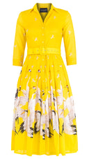 Audrey Dress #4 Shirt Collar 3/4 Sleeve Midi Length Cotton Musola (White Crane Ombre)