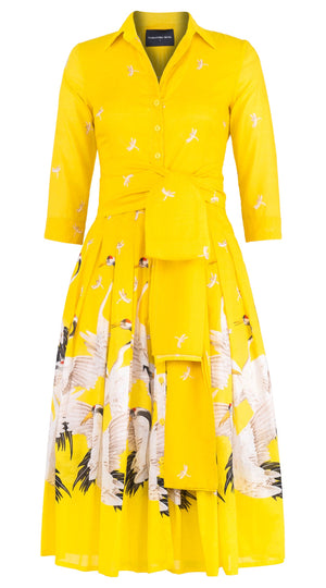 Audrey Dress #4 Shirt Collar 3/4 Sleeve Midi Length Cotton Musola (White Crane Ombre)