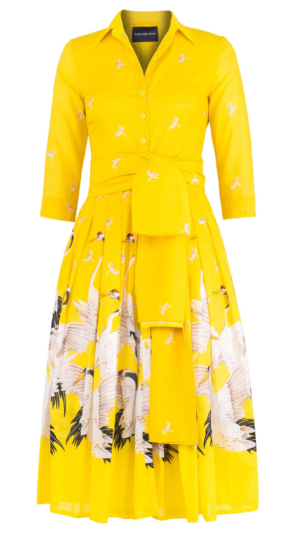 Audrey Dress #4 Shirt Collar 3/4 Sleeve Midi Length Cotton Musola (White Crane Ombre)