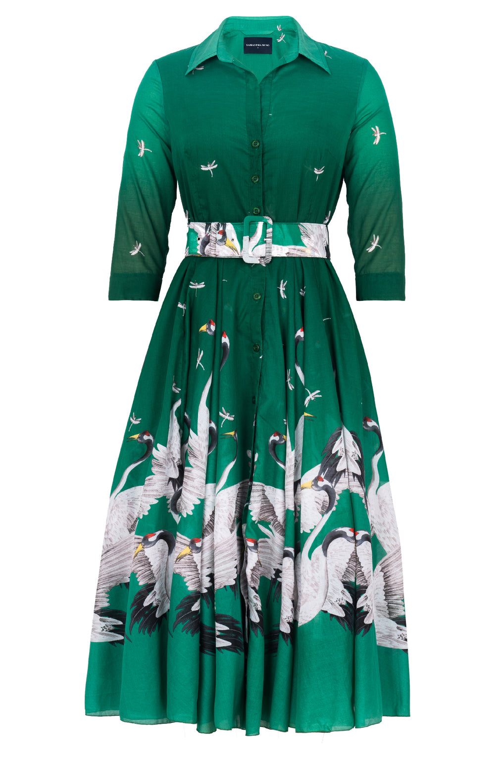 Aster Dress Shirt Collar 3/4 Sleeve Midi Length Cotton Musola (White Crane Ombre)