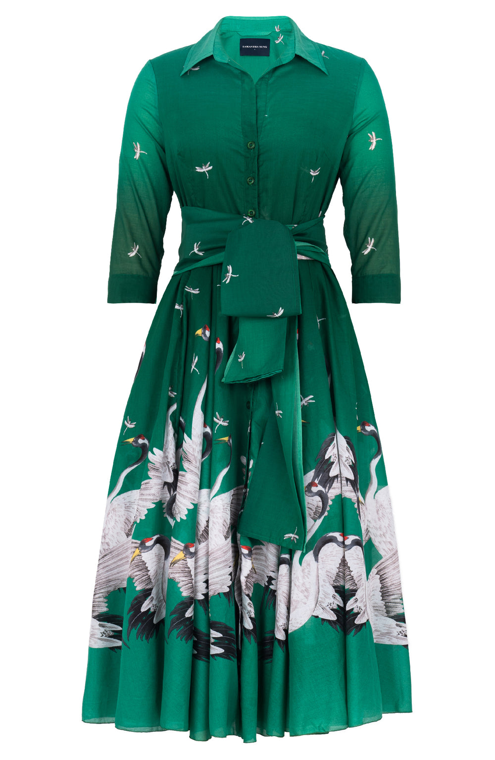 Aster Dress Shirt Collar 3/4 Sleeve Midi Length Cotton Musola (White Crane Ombre)