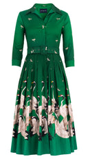 Audrey Dress #4 Shirt Collar 3/4 Sleeve Midi Length Cotton Stretch (White Crane Ombre)