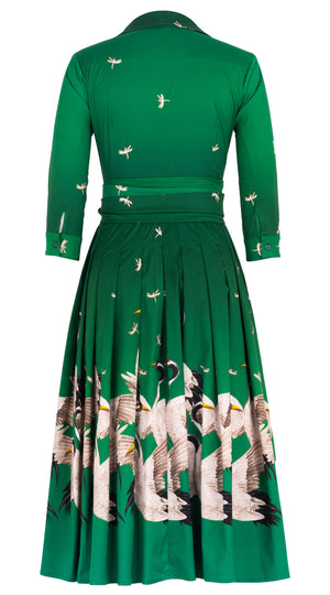 Audrey Dress #4 Shirt Collar 3/4 Sleeve Midi Length Cotton Stretch (White Crane Ombre)