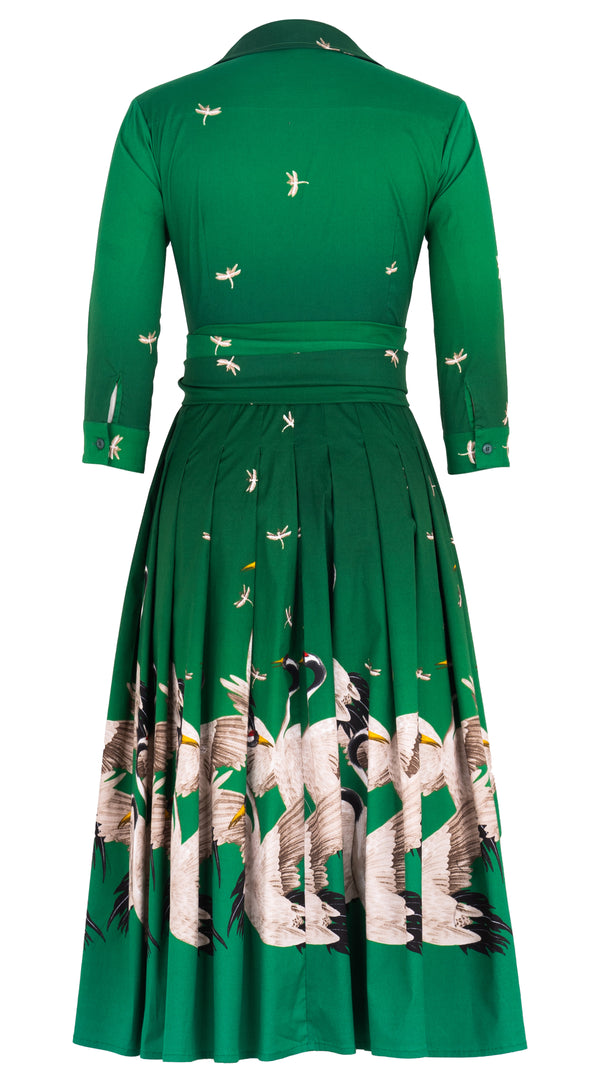 Audrey Dress #4 Shirt Collar 3/4 Sleeve Midi Length Cotton Stretch (White Crane Ombre)