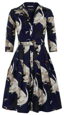 Audrey Dress #1 Shirt Collar 3/4 Sleeve Regular Length Cotton Stretch (White Crane All Over) @7
