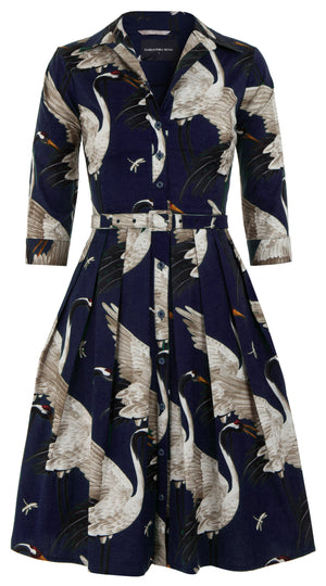 Audrey Dress #1 Shirt Collar 3/4 Sleeve Regular Length Cotton Stretch (White Crane All Over) @7