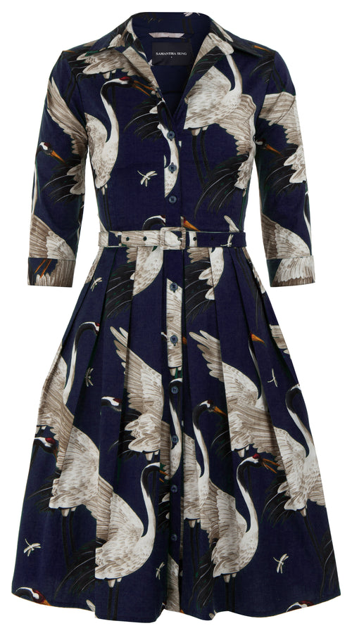 Audrey Dress #1 Shirt Collar 3/4 Sleeve Regular Length Cotton Stretch (White Crane All Over) @7