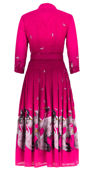Audrey Dress #4 Shirt Collar 3/4 Sleeve Midi Length Cotton Musola (White Crane Ombre)