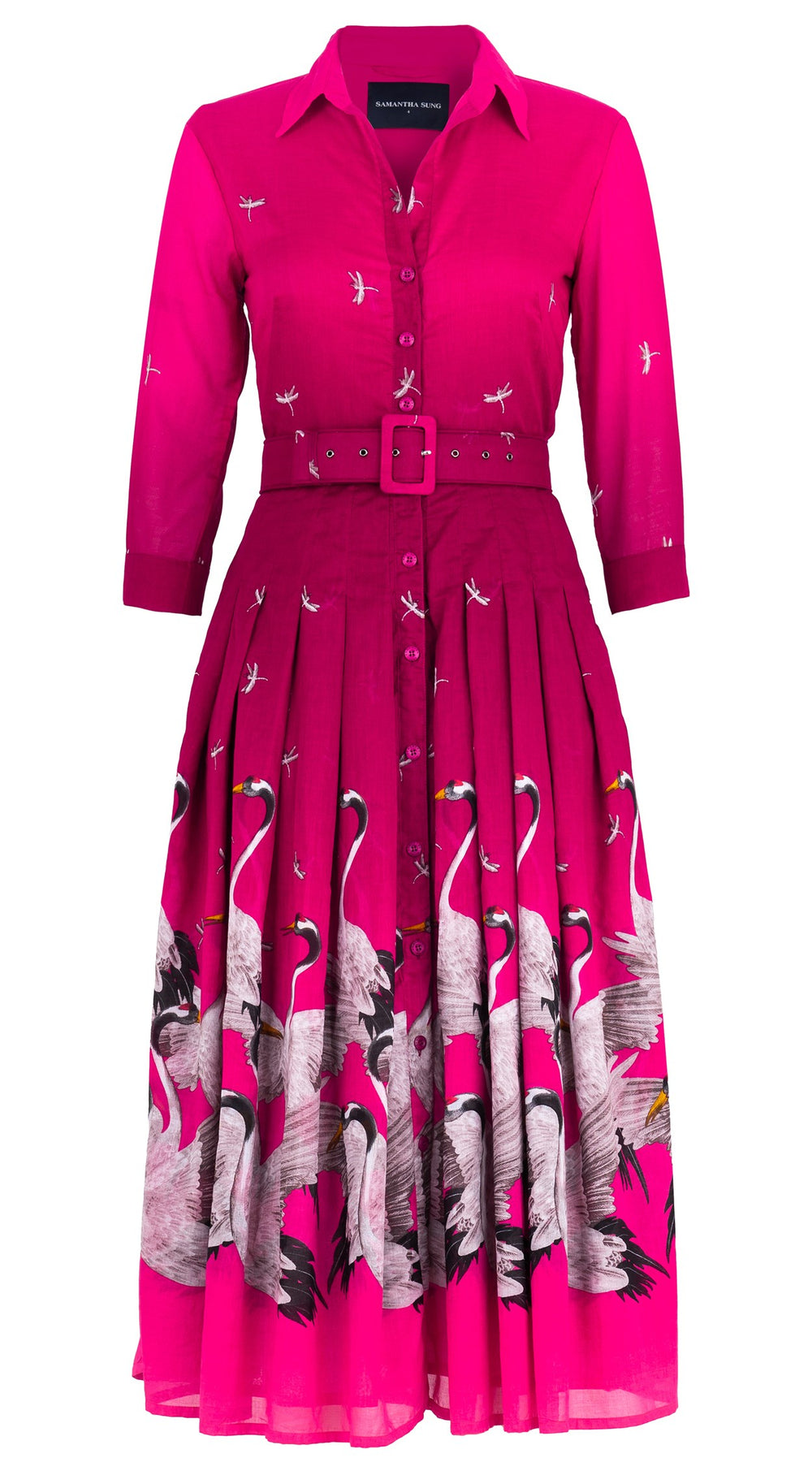 Audrey Dress #4 Shirt Collar 3/4 Sleeve Midi Length Cotton Musola (White Crane Ombre)