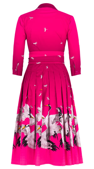 Audrey Dress #4 Shirt Collar 3/4 Sleeve Midi Length Cotton Stretch (White Crane Ombre)