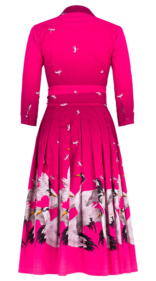 Audrey Dress #4 Shirt Collar 3/4 Sleeve Midi Length Cotton Stretch (White Crane Ombre)