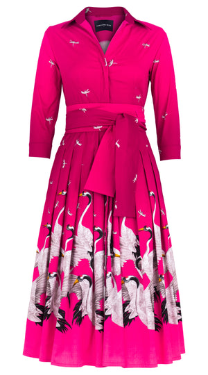 Audrey Dress #4 Shirt Collar 3/4 Sleeve Midi Length Cotton Stretch (White Crane Ombre)