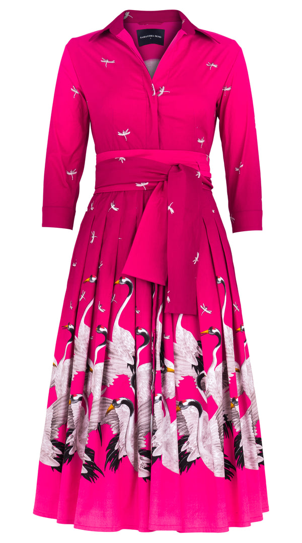Audrey Dress #4 Shirt Collar 3/4 Sleeve Midi Length Cotton Stretch (White Crane Ombre)