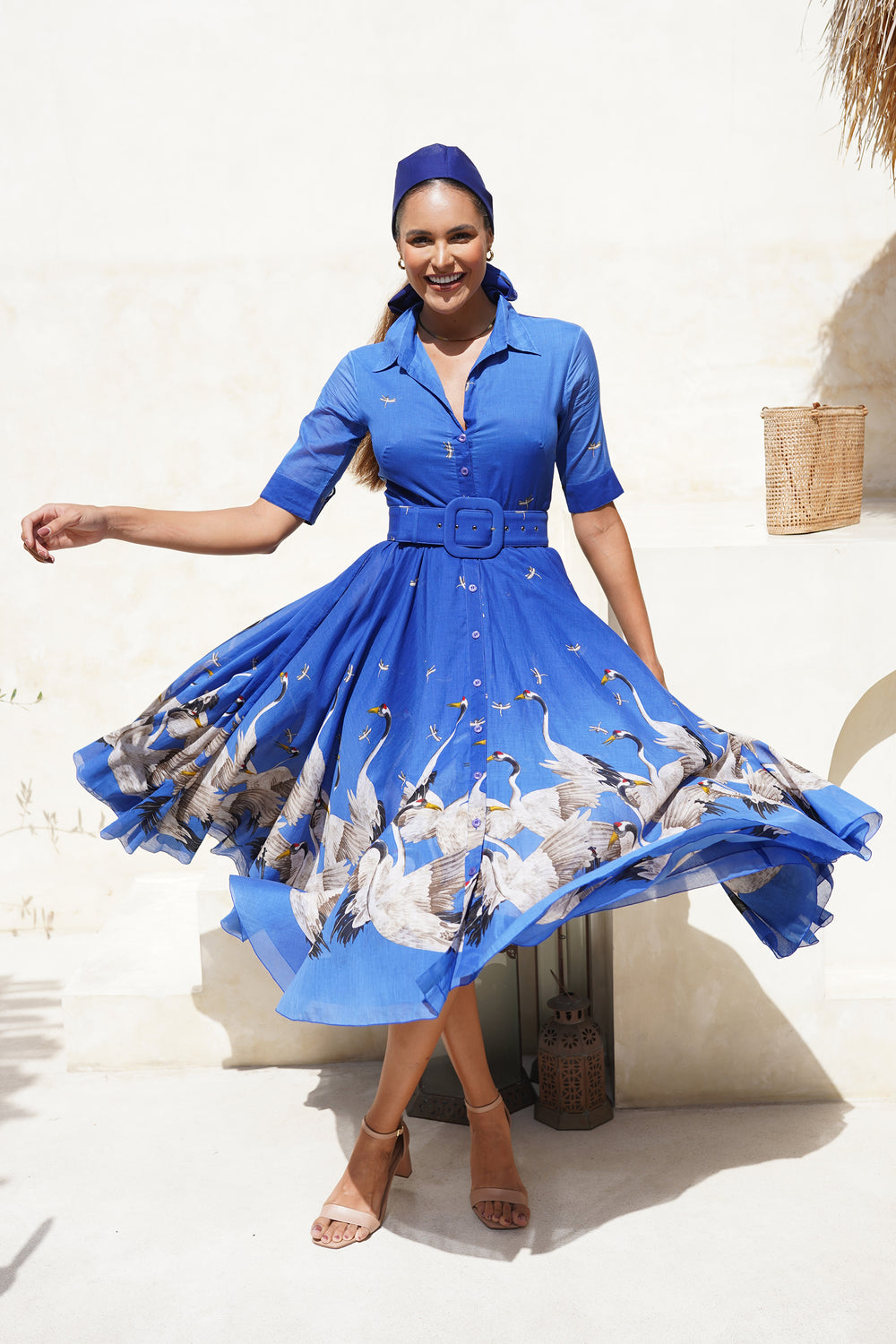 Aster Dress Shirt Collar 1/2 Sleeve Midi Length Cotton Musola (White Crane Ombre)