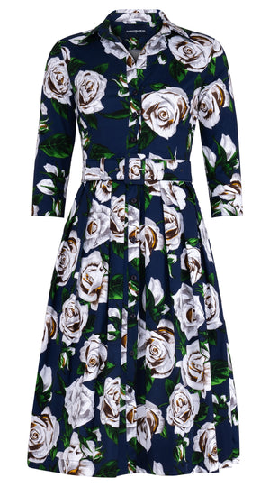 Audrey Dress #1 Shirt Collar 3/4 Sleeve Long Length Cotton Stretch (White Rose Bright)