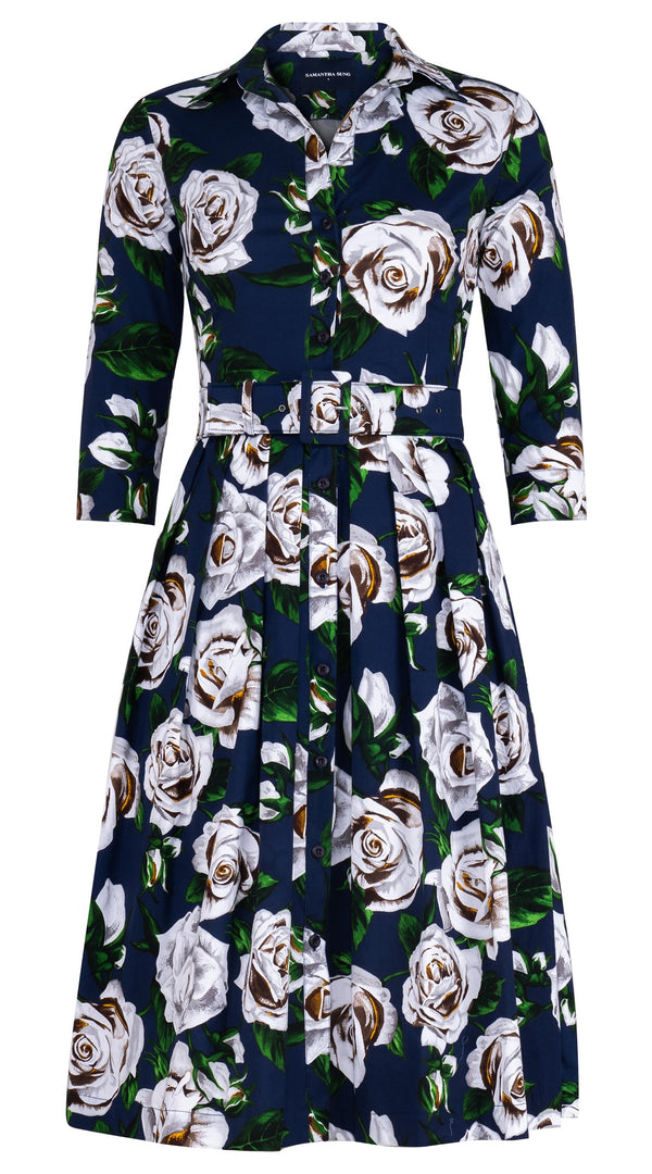 Audrey Dress #1 Shirt Collar 3/4 Sleeve Long Length Cotton Stretch (White Rose Bright)