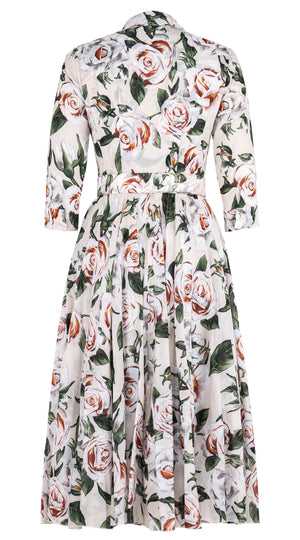 Aster Dress Shirt Collar 3/4 Sleeve Midi Length Cotton Musola (White Rose Bright)