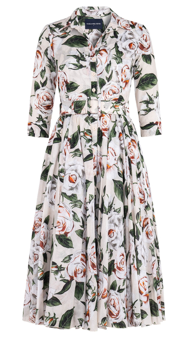 Aster Dress Shirt Collar 3/4 Sleeve Midi Length Cotton Musola (White Rose Bright)