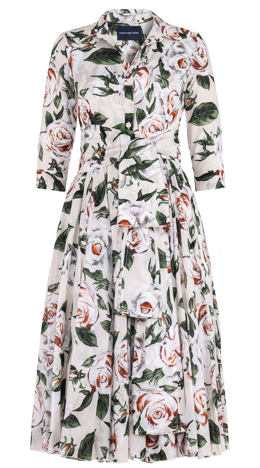 Aster Dress Shirt Collar 3/4 Sleeve Midi Length Cotton Musola (White Rose Bright)