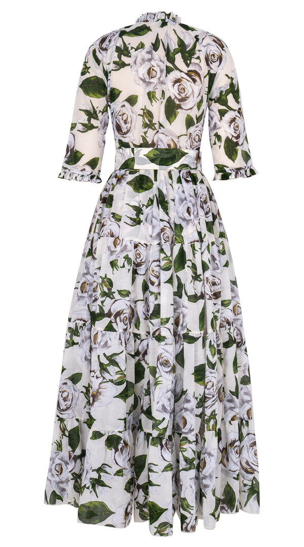 Eva Dress Crew Neck 3/4 Sleeve Maxi Length Cotton Musola (White Rose Bright)