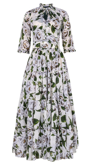 Eva Dress Crew Neck 3/4 Sleeve Maxi Length Cotton Musola (White Rose Bright)