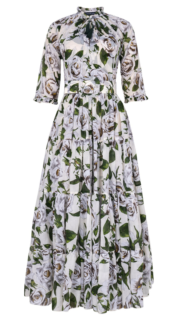 Eva Dress Crew Neck 3/4 Sleeve Maxi Length Cotton Musola (White Rose Bright)