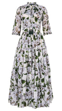 Eva Dress Crew Neck 3/4 Sleeve Maxi Length Cotton Musola (White Rose Bright)