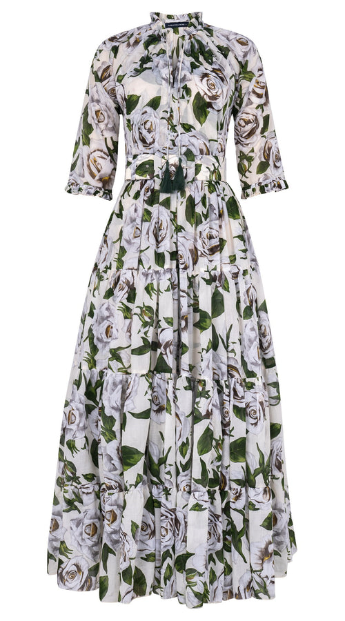 Eva Dress Crew Neck 3/4 Sleeve Maxi Length Cotton Musola (White Rose Bright)