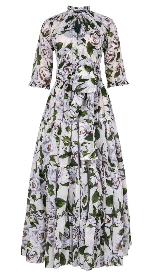Eva Dress Crew Neck 3/4 Sleeve Maxi Length Cotton Musola (White Rose Bright)