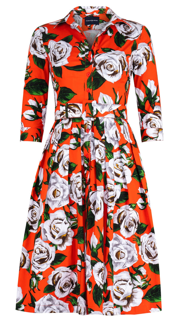 Audrey Dress #1 Shirt Collar 3/4 Sleeve Long Length Cotton Stretch (White Rose Bright)