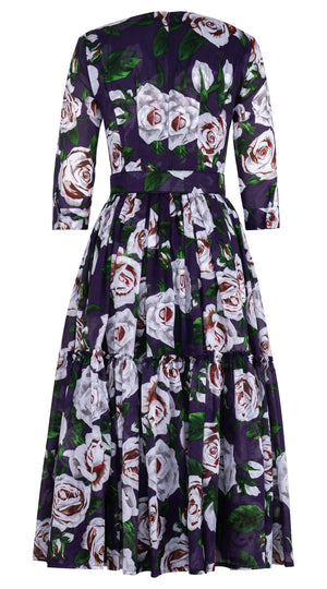 Melanie Dress Crew Neck 3/4 Sleeve Midi Plus Length Cotton Musola (White Rose Bright)