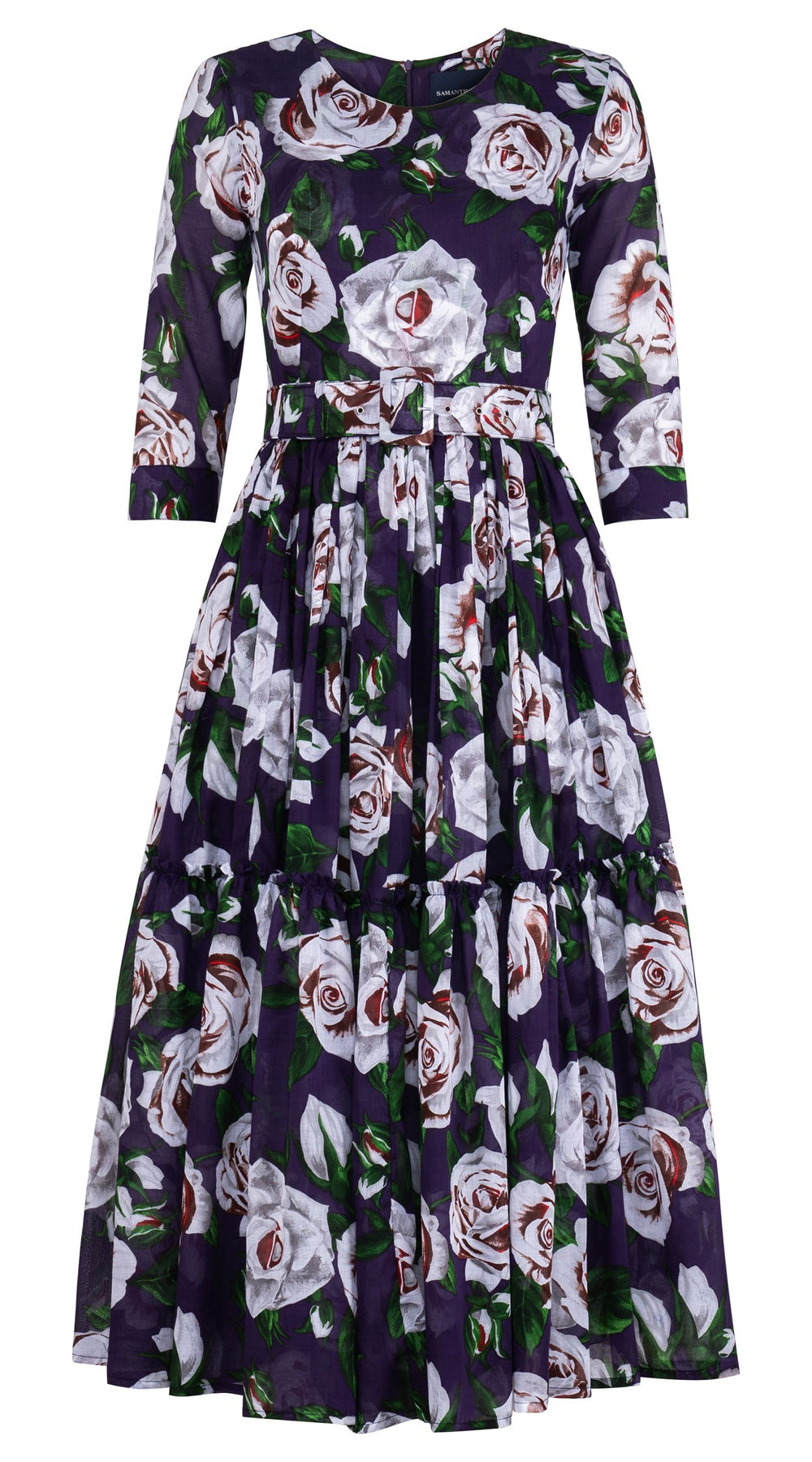 Melanie Dress Crew Neck 3/4 Sleeve Midi Plus Length Cotton Musola (White Rose Bright)