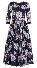 Melanie Dress Crew Neck 3/4 Sleeve Midi Plus Length Cotton Musola (White Rose Bright)