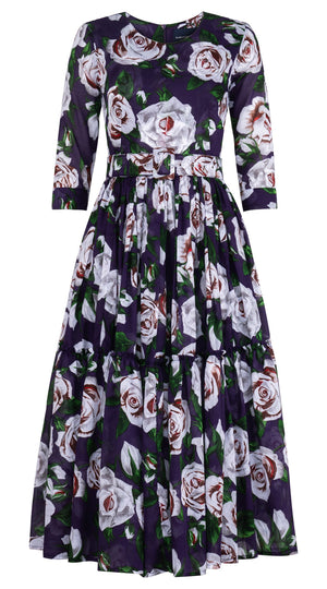 Melanie Dress Crew Neck 3/4 Sleeve Midi Plus Length Cotton Musola (White Rose Bright)