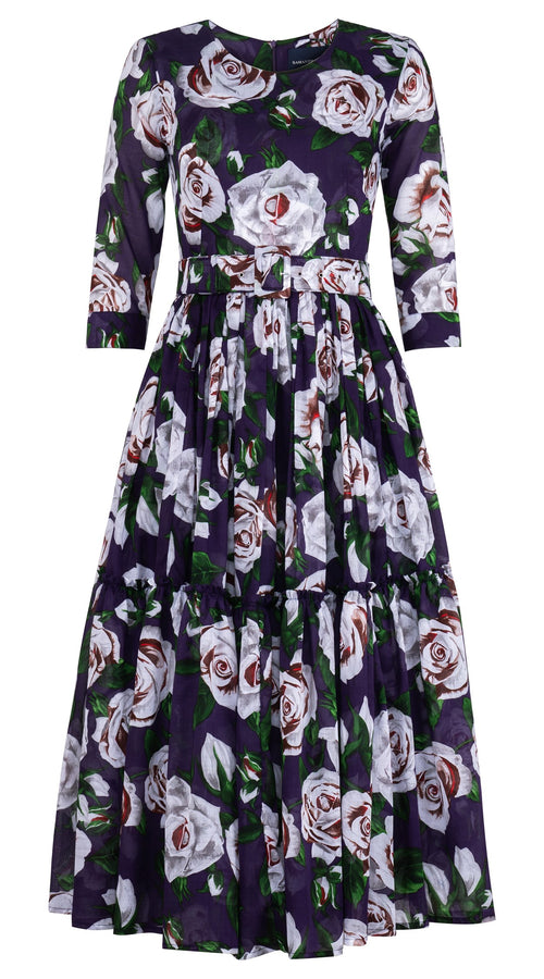 Melanie Dress Crew Neck 3/4 Sleeve Midi Plus Length Cotton Musola (White Rose Bright)