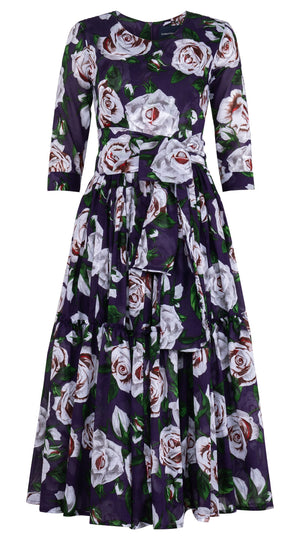 Melanie Dress Crew Neck 3/4 Sleeve Midi Plus Length Cotton Musola (White Rose Bright)