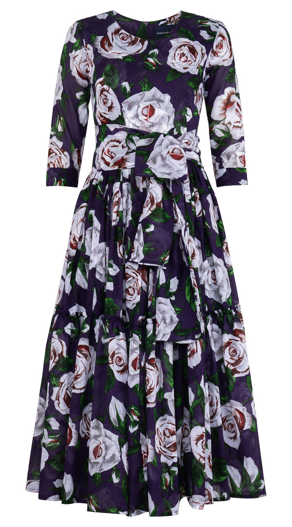 Melanie Dress Crew Neck 3/4 Sleeve Midi Plus Length Cotton Musola (White Rose Bright)