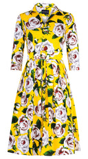 Audrey Dress #1 Shirt Collar 3/4 Sleeve Long Length Cotton Stretch (White Rose Bright)