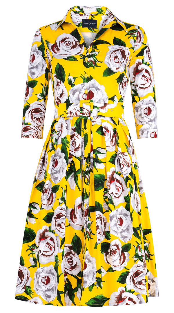 Audrey Dress #1 Shirt Collar 3/4 Sleeve Long Length Cotton Stretch (White Rose Bright)